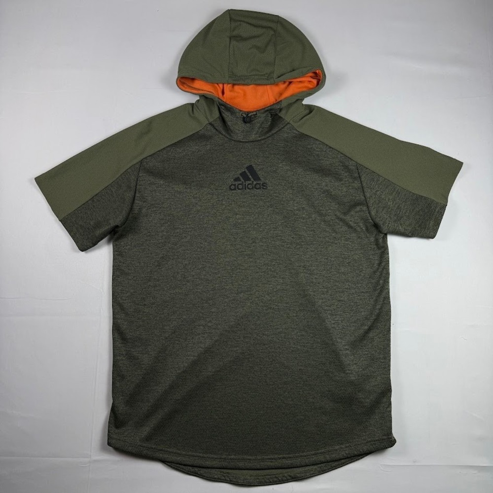 Adidas Short Sleeve Hoodie Olive Green Orange Logo Training Shirt Mens Size M